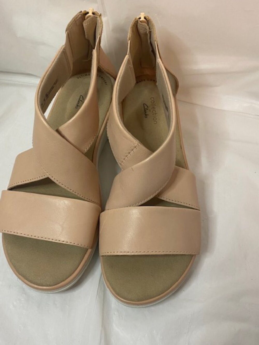 Clarks Collection "Jillian Rise" Leather Wedge Sandals –Nude, Women's size 8M